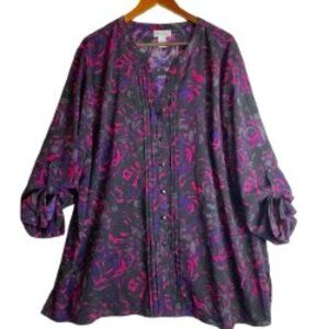 MAGGIE BARNES WOMENS FLORAL BLOUSE BLACK/HOTPINK/GRAY-ROLL TAB SLEEVE 2X 22/24W